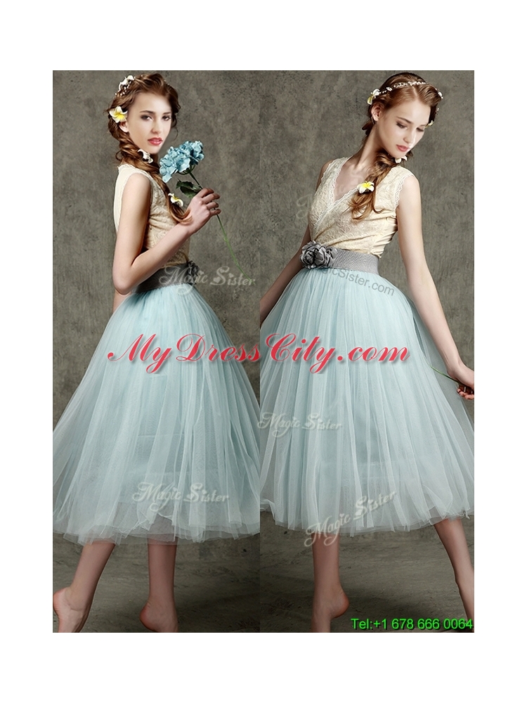 2016 Best Hand Made Flowers and Belted V Neck Prom Dress in Apple Green