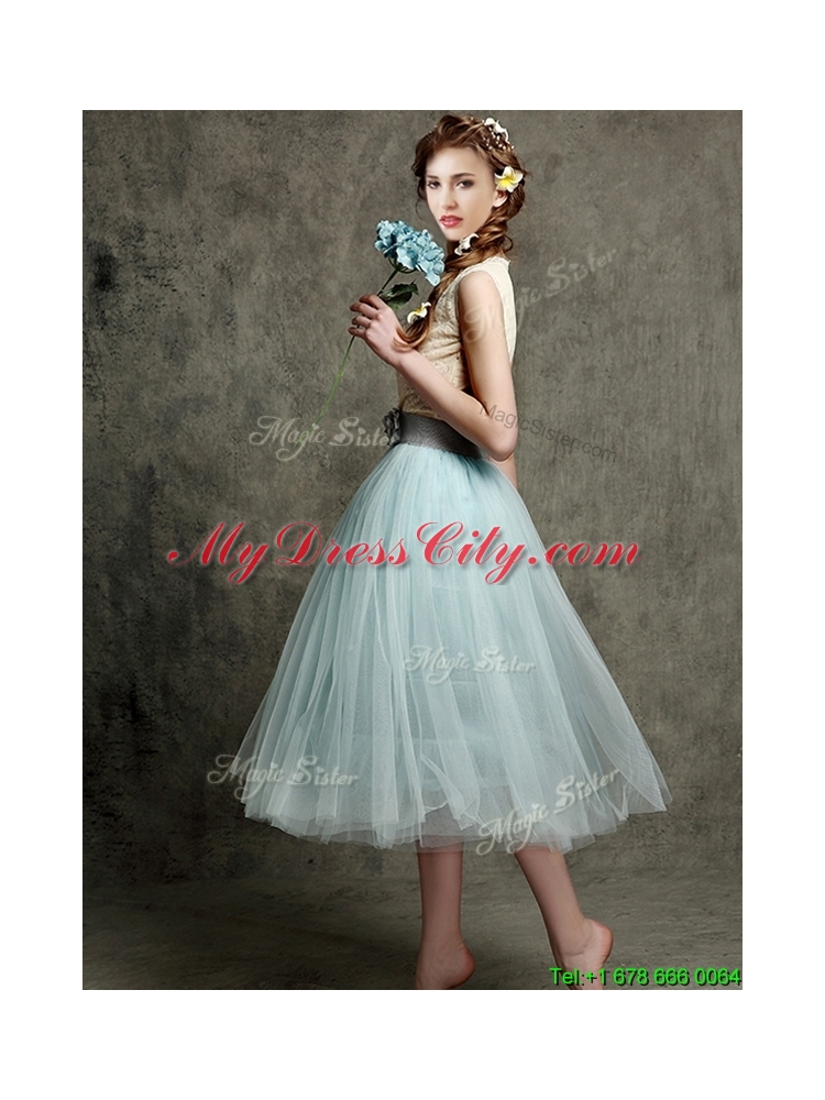 2016 Best Hand Made Flowers and Belted V Neck Prom Dress in Apple Green