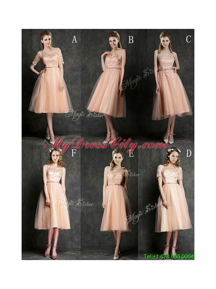 2016 Best Selling Sashed Peach Prom Dress in Knee Length