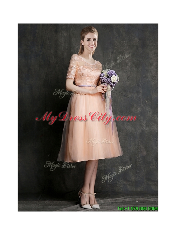 2016 Best Selling Sashed Peach Prom Dress in Knee Length