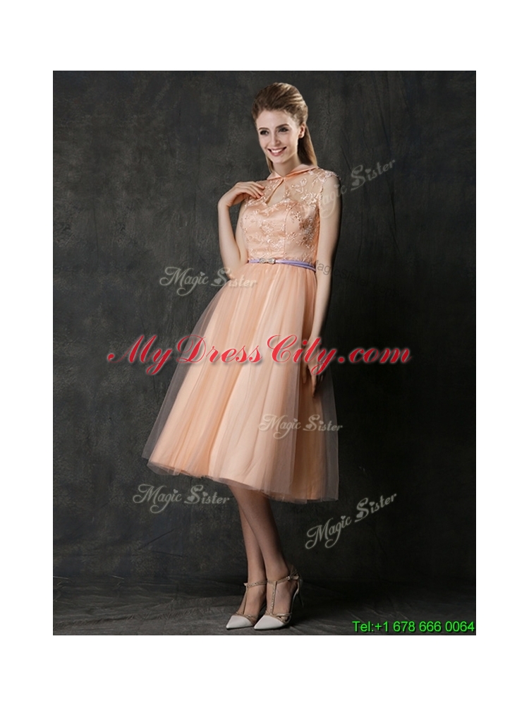 2016 Best Selling Sashed Peach Prom Dress in Knee Length