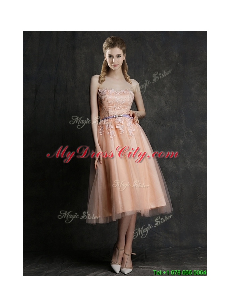 2016 Best Selling Sashed Peach Prom Dress in Knee Length