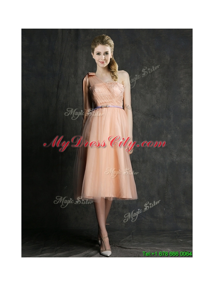 2016 Best Selling Sashed Peach Prom Dress in Knee Length