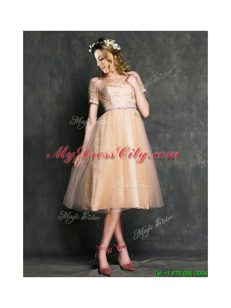 2016 Best Selling Sashed Peach Prom Dress in Knee Length