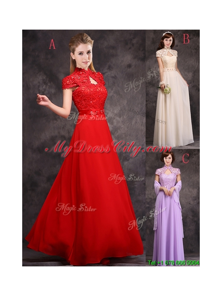 2016 Discount High Neck Applique and Laced Dama Dress with Cap Sleeves