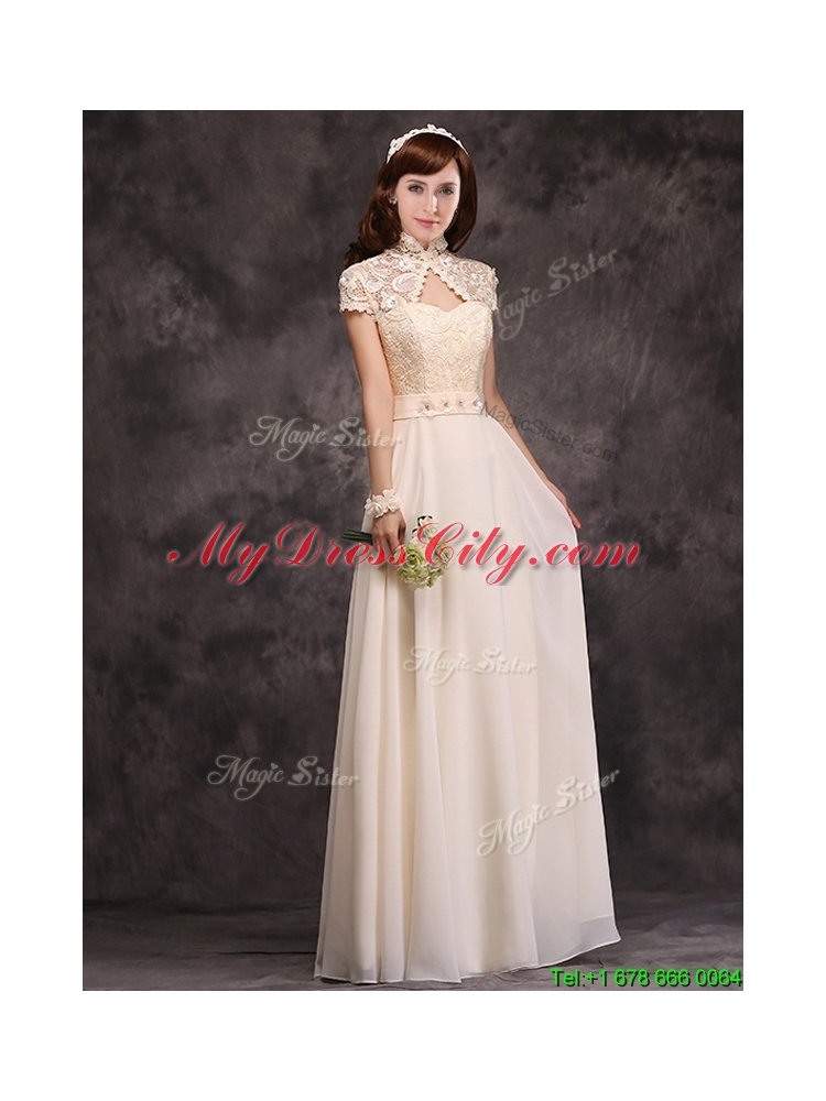 2016 Discount High Neck Applique and Laced Dama Dress with Cap Sleeves