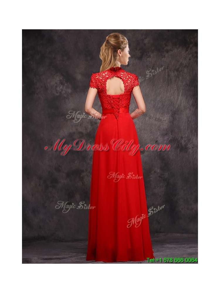 2016 Discount High Neck Applique and Laced Dama Dress with Cap Sleeves