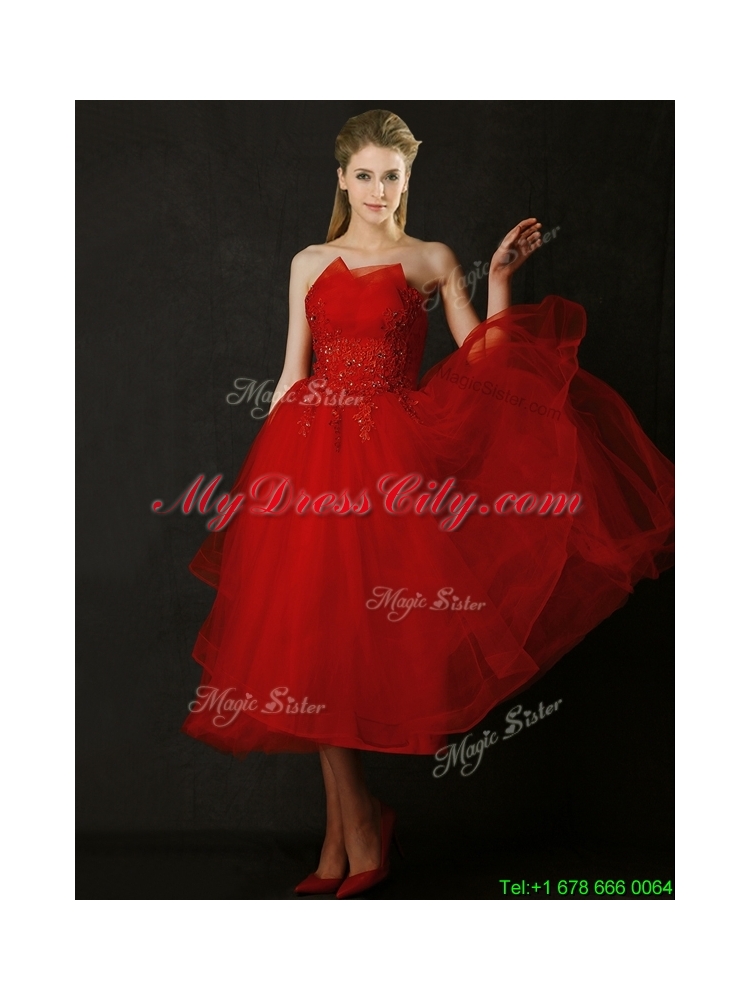 2016 Elegant Tea Length Applique Red Dama Dress with Asymmetrical Neckline