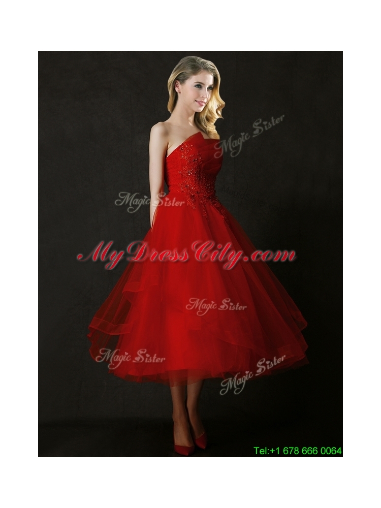 2016 Elegant Tea Length Applique Red Dama Dress with Asymmetrical Neckline