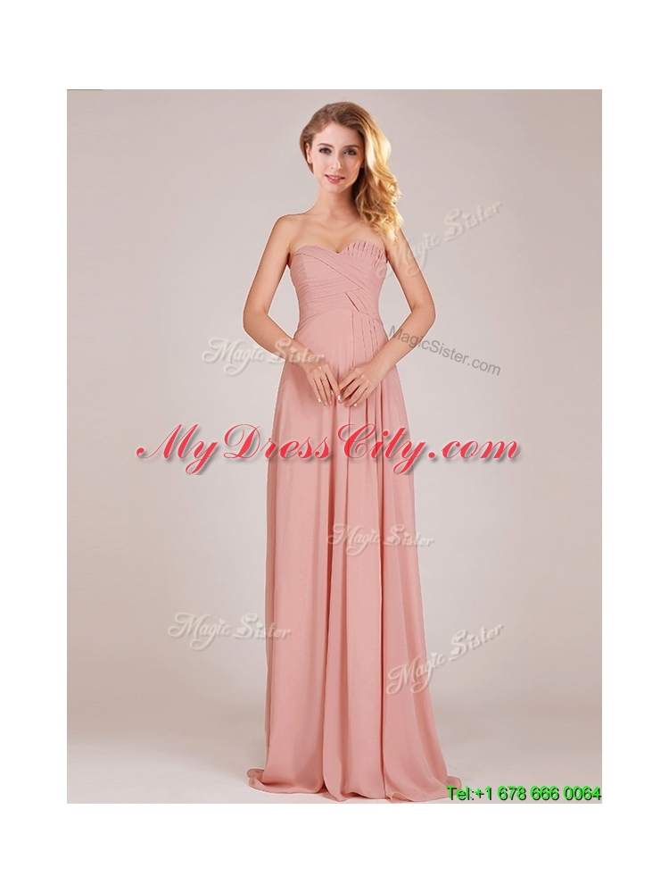 2016 Fashionable Empire Chiffon Ruched Long Dama Dress in Peach