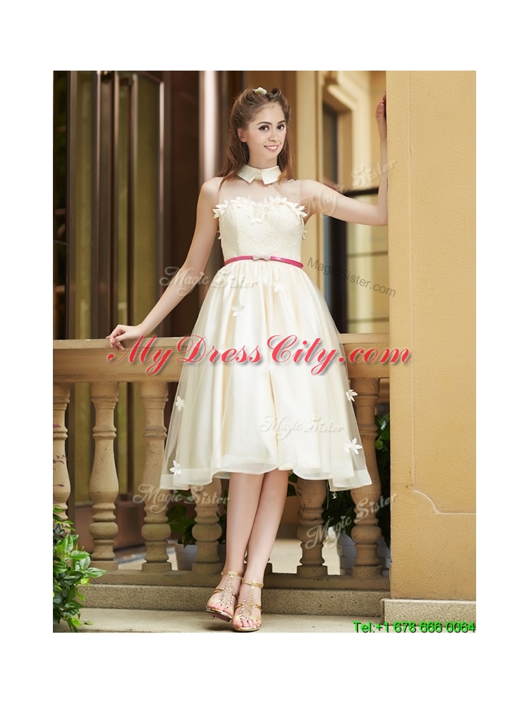 2016 Gorgeous High Neck Champagne Prom Dress with Appliques and Sashes