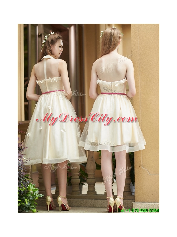 2016 Gorgeous High Neck Champagne Prom Dress with Appliques and Sashes