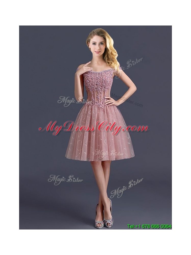 2016 Gorgeous Off the Shoulder Cap Sleeves Dama Dress with Appliques