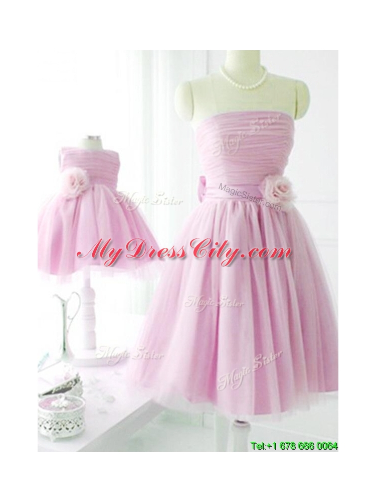 2016 New Arrivals Strapless Baby Pink Dama Dress with Handcrafted Flower