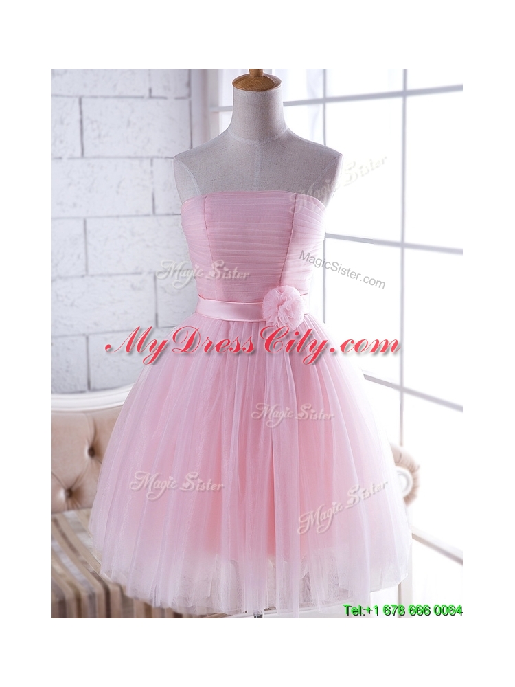 2016 New Arrivals Strapless Baby Pink Dama Dress with Handcrafted Flower