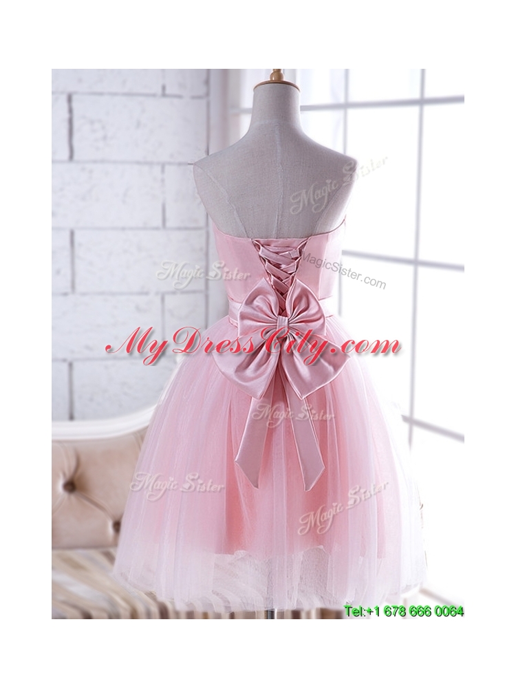 2016 New Arrivals Strapless Baby Pink Dama Dress with Handcrafted Flower