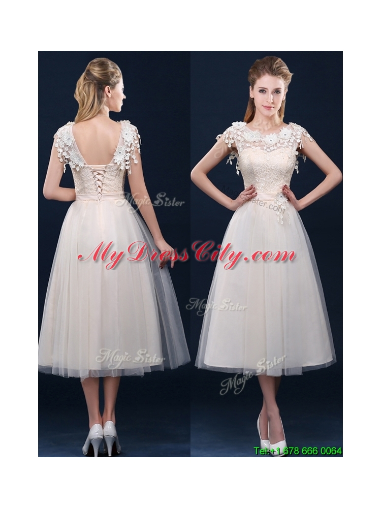 2016 Pretty Tea Length A Line Dama Dress with Cap Sleeves