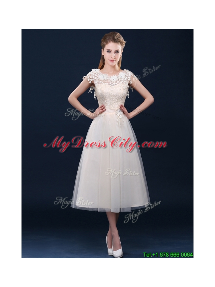 2016 Pretty Tea Length A Line Dama Dress with Cap Sleeves