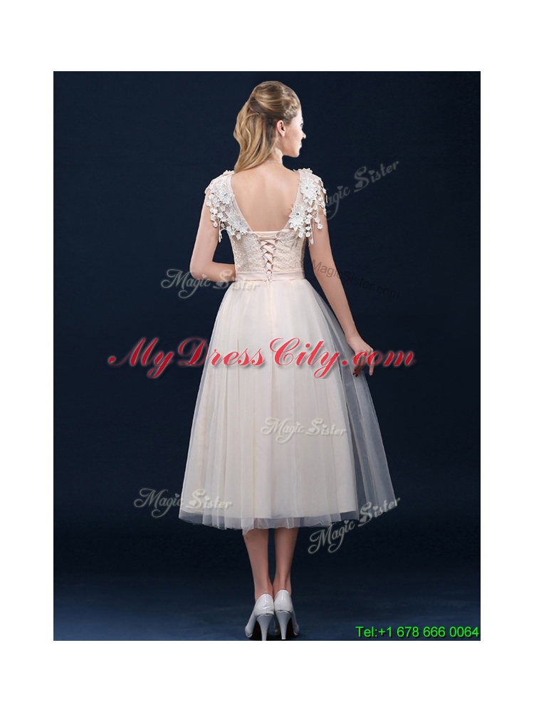 2016 Pretty Tea Length A Line Dama Dress with Cap Sleeves