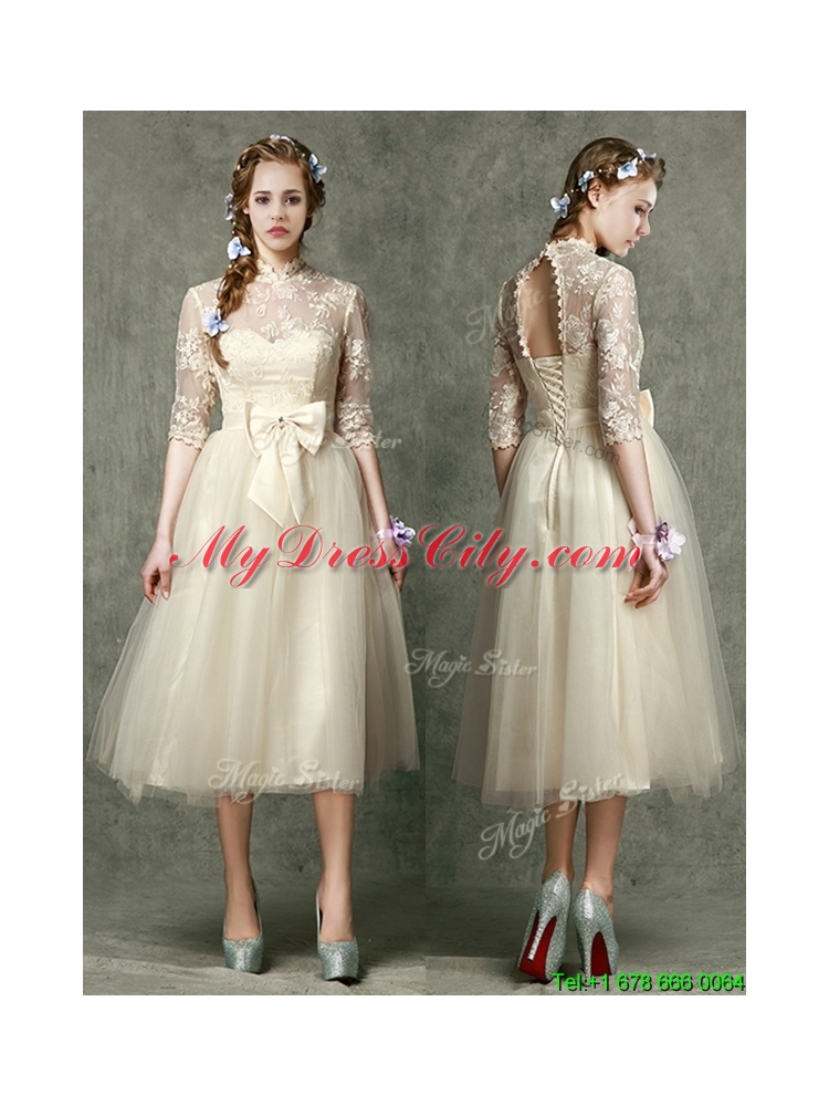 2016 See Through High Neck Half Sleeves Prom Dress with Lace and Bowknot