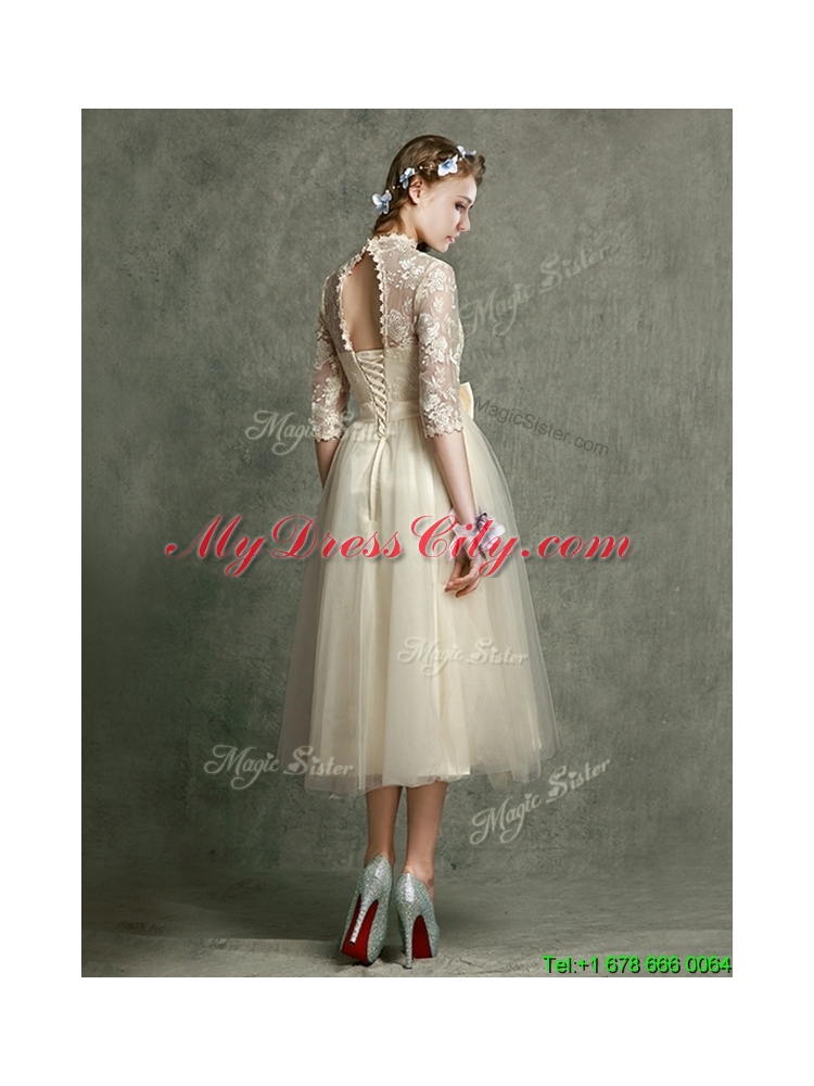 2016 See Through High Neck Half Sleeves Prom Dress with Lace and Bowknot