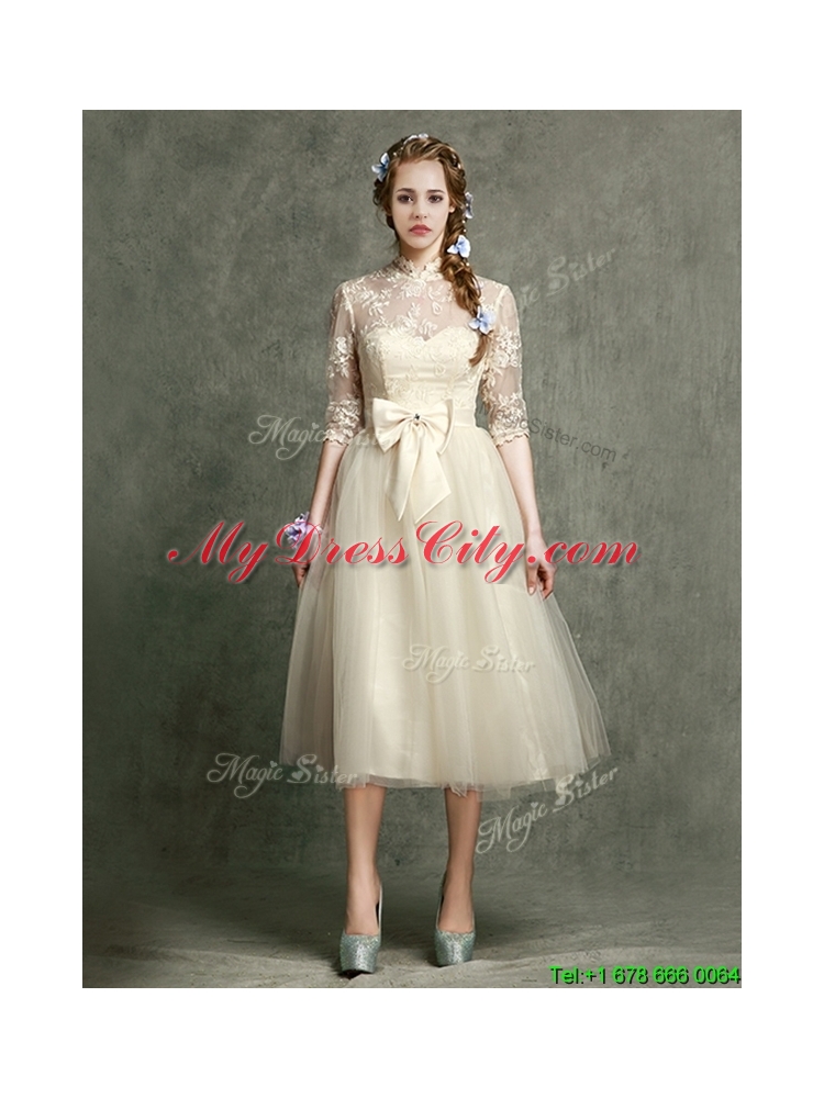 2016 See Through High Neck Half Sleeves Prom Dress with Lace and Bowknot