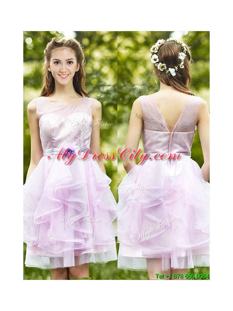 2016 See Through Scoop Short Prom Dress with Sashes and Ruffles