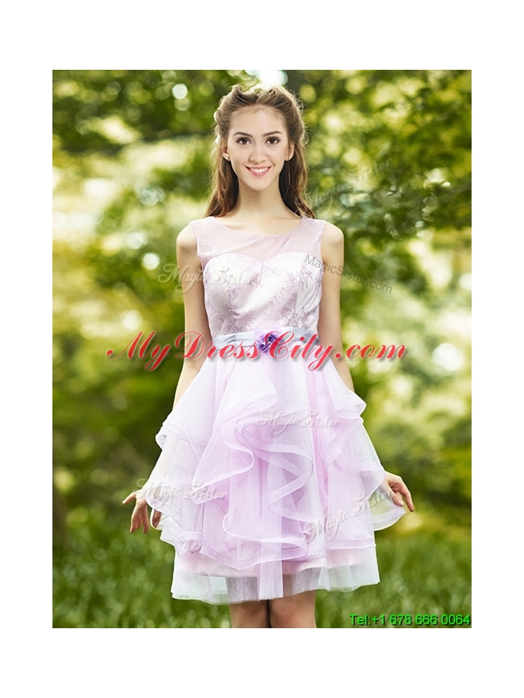 2016 See Through Scoop Short Prom Dress with Sashes and Ruffles