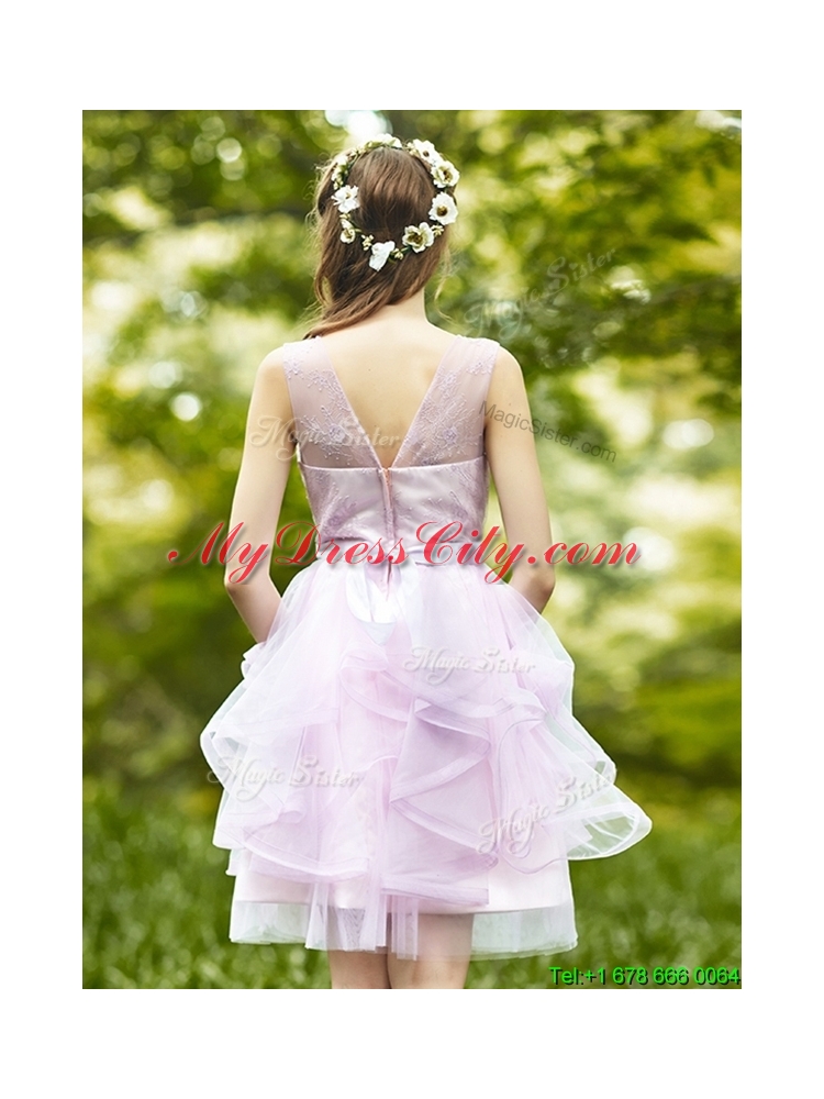 2016 See Through Scoop Short Prom Dress with Sashes and Ruffles