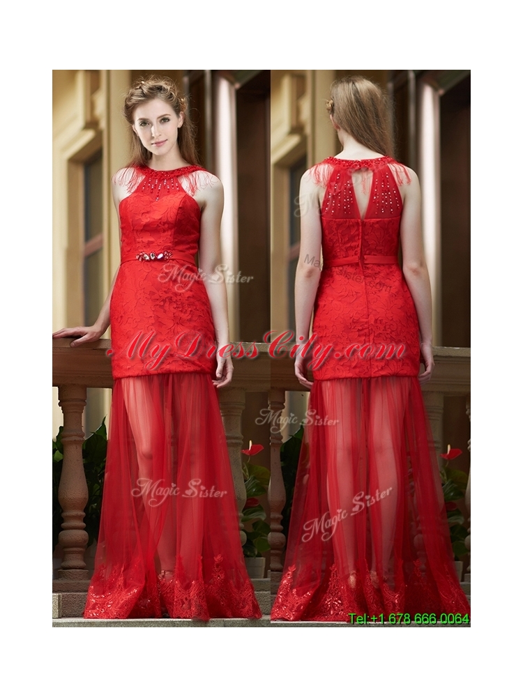 2016 Cheap Belted Red Long Prom Dress in Tulle and Lace