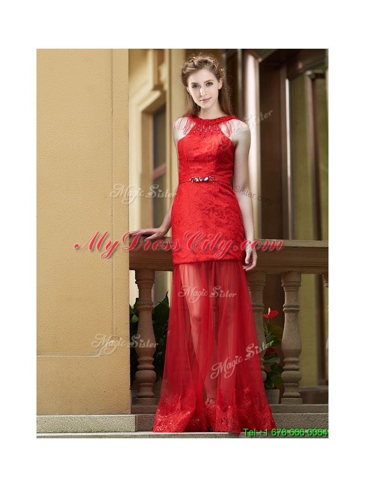 2016 Cheap Belted Red Long Prom Dress in Tulle and Lace