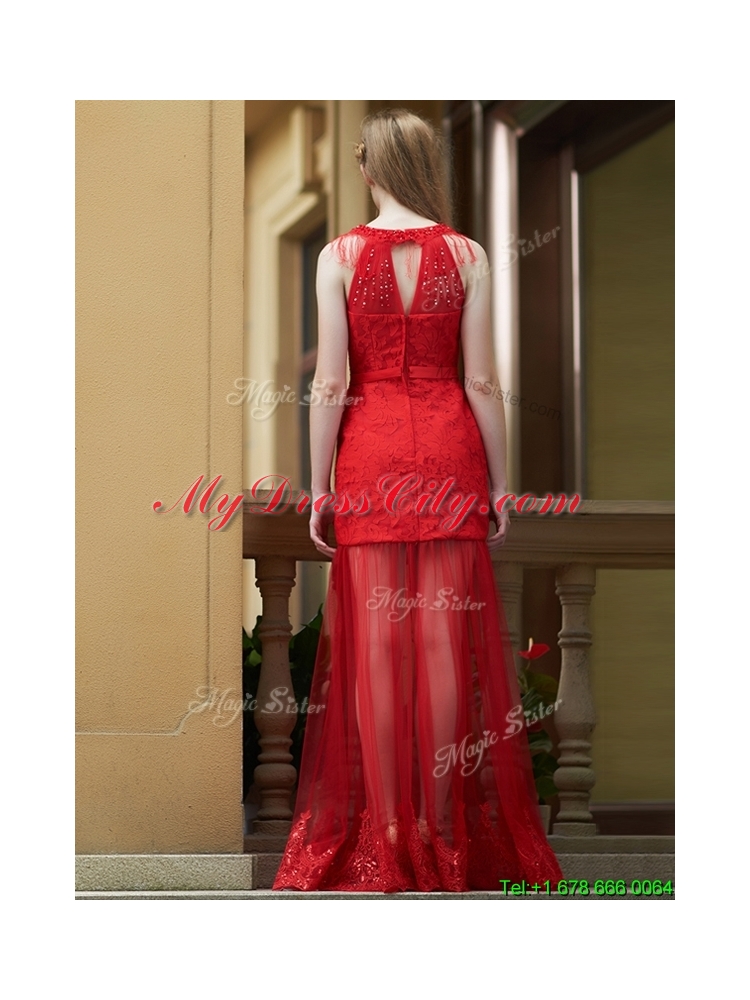 2016 Cheap Belted Red Long Prom Dress in Tulle and Lace