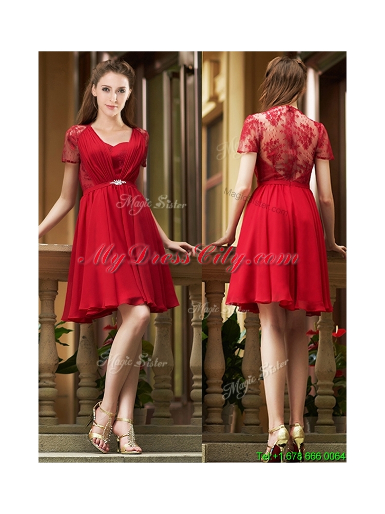 2016 Elegant See Through Back Red Short Prom Dress with Short Sleeves