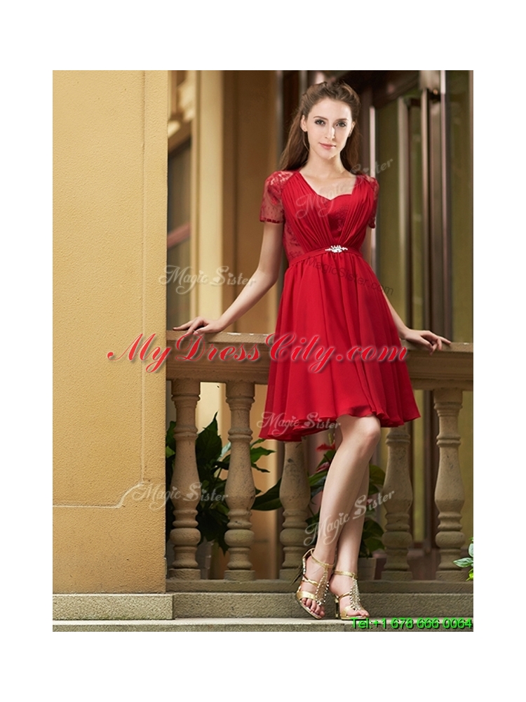 2016 Elegant See Through Back Red Short Prom Dress with Short Sleeves