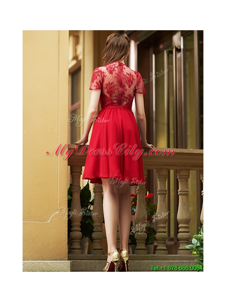 2016 Elegant See Through Back Red Short Prom Dress with Short Sleeves