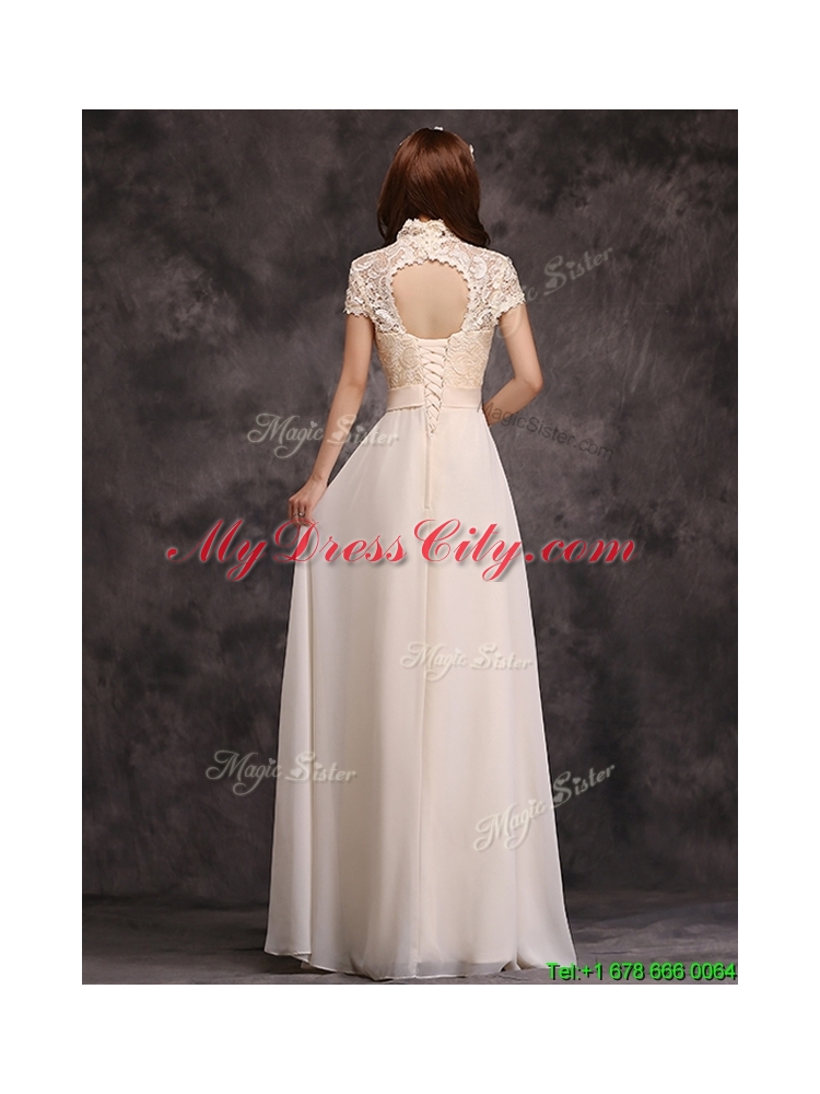 2016 Hot Sale High Neck Champagne Prom Dress with Appliques and Lace