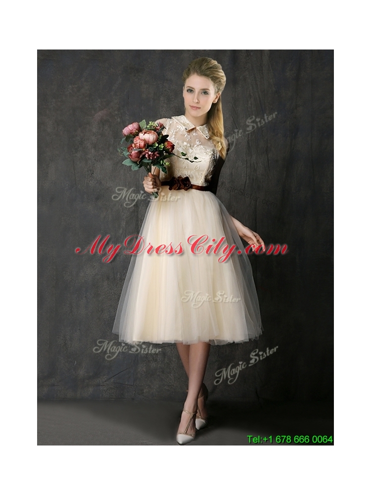 2016 Luxurious High Neck Champagne Prom Dress with Hand Made Flowers and Lace