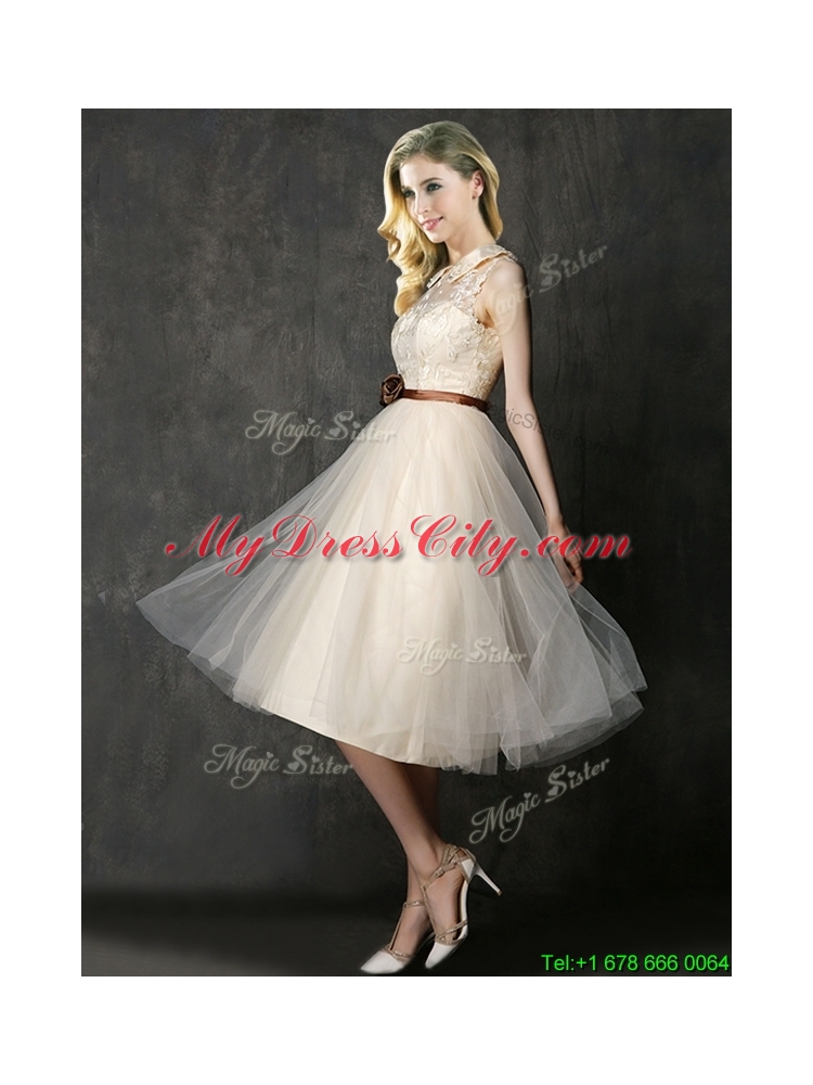 2016 Luxurious High Neck Champagne Prom Dress with Hand Made Flowers and Lace