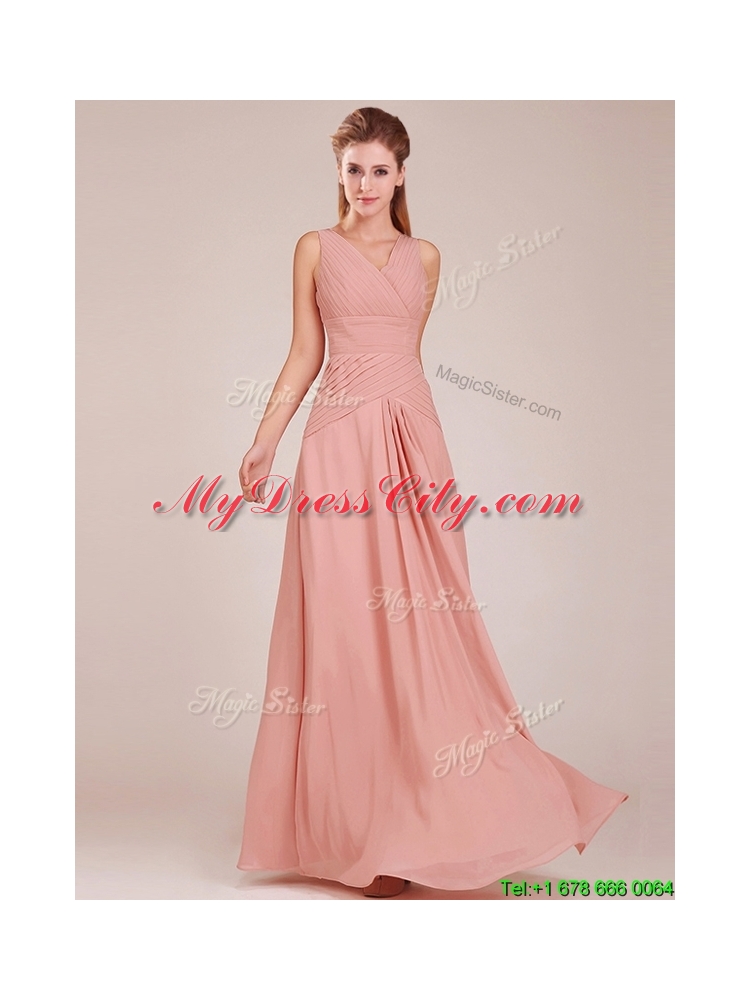 2016 Modest Ruched Decorated Bodice Peach Prom Dress with V Neck