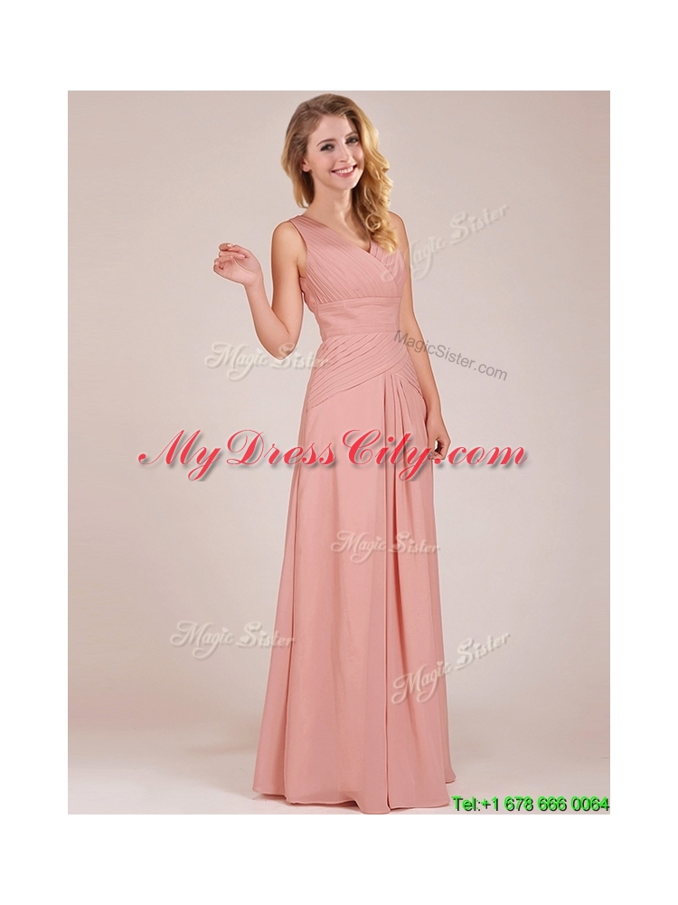 2016 Modest Ruched Decorated Bodice Peach Prom Dress with V Neck