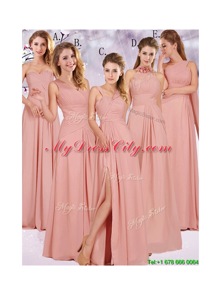 2016 Modest Ruched Decorated Bodice Peach Prom Dress with V Neck