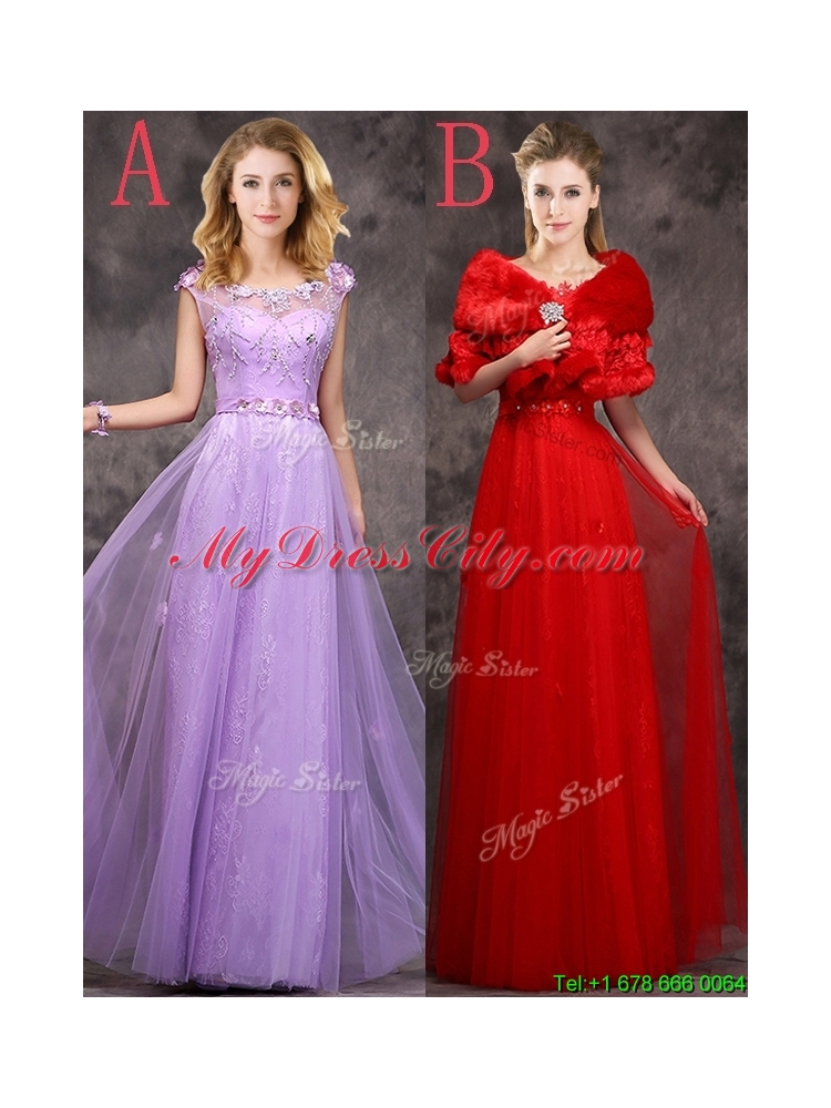 Beautiful Beaded and Applique Cap Sleeves Long Bridesmaid Dress in Tulle