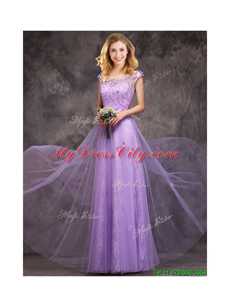 Beautiful Beaded and Applique Cap Sleeves Long Bridesmaid Dress in Tulle