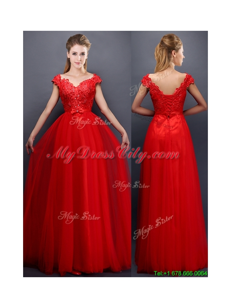 Beautiful Beaded V Neck Red Bridesmaid Dress with Cap Sleeves