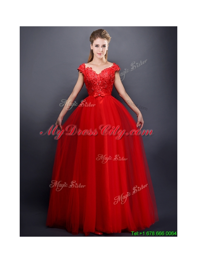 Beautiful Beaded V Neck Red Bridesmaid Dress with Cap Sleeves