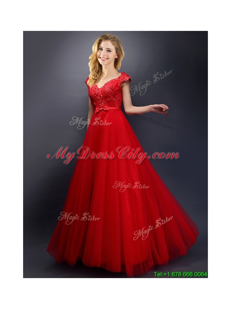 Beautiful Beaded V Neck Red Bridesmaid Dress with Cap Sleeves