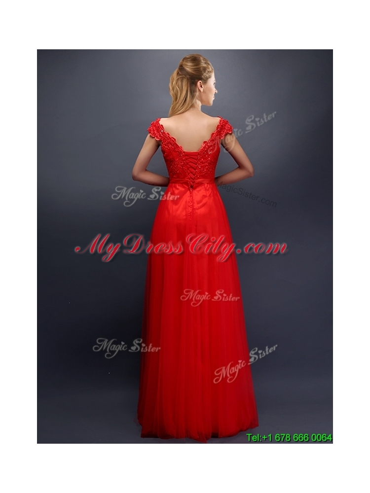 Beautiful Beaded V Neck Red Bridesmaid Dress with Cap Sleeves