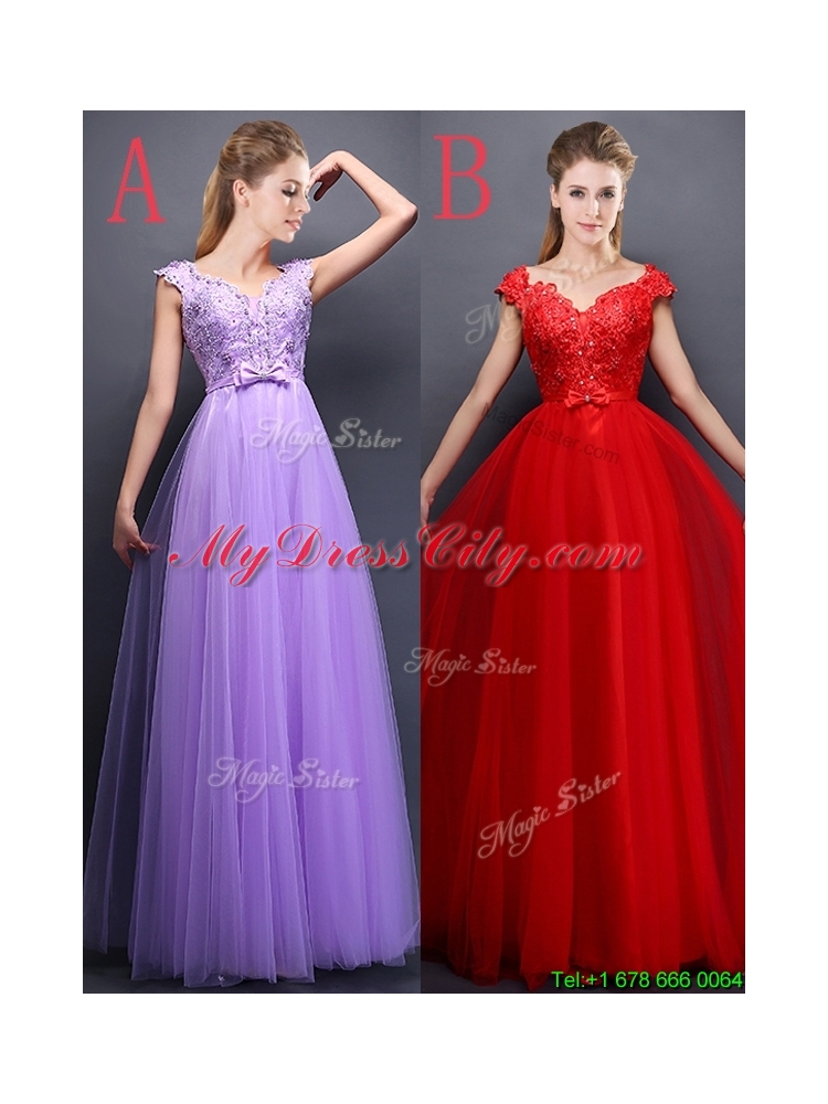 Beautiful Beaded V Neck Red Bridesmaid Dress with Cap Sleeves