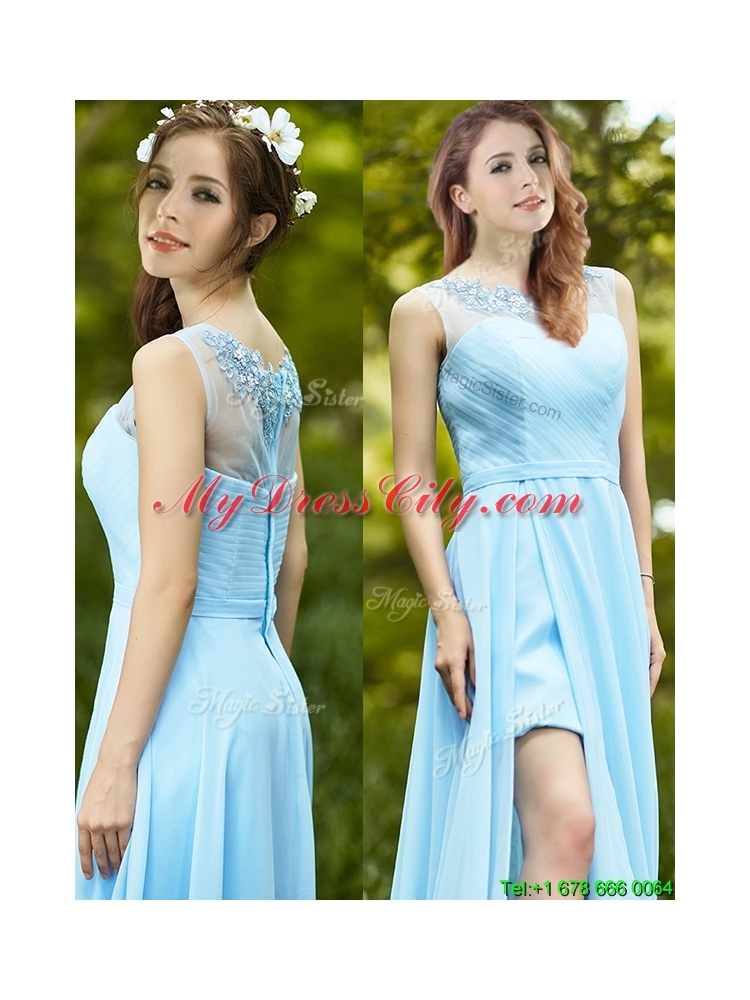 Beautiful See Through Scoop Appliques Bridesmaid Dress in Light Blue