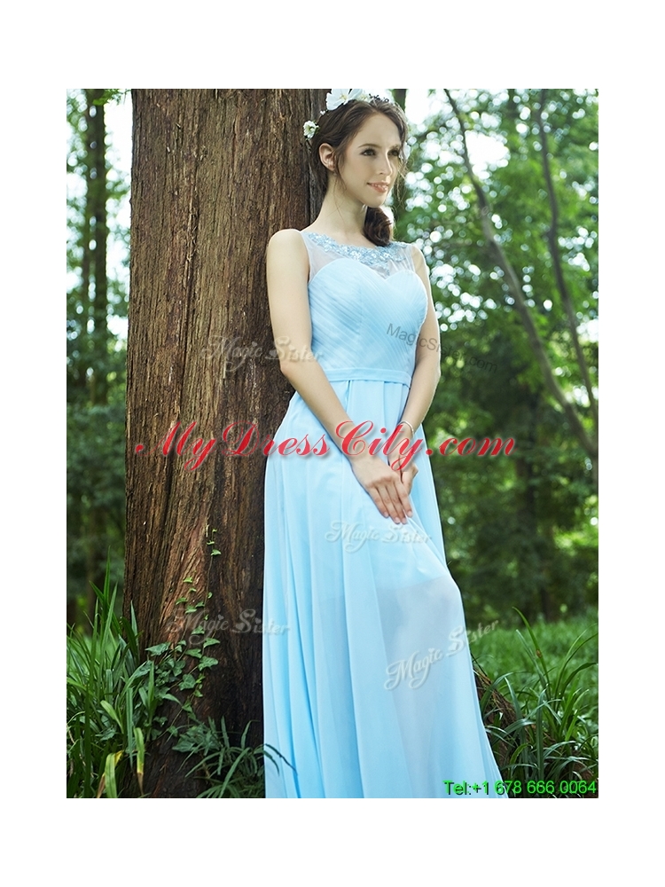 Beautiful See Through Scoop Appliques Bridesmaid Dress in Light Blue